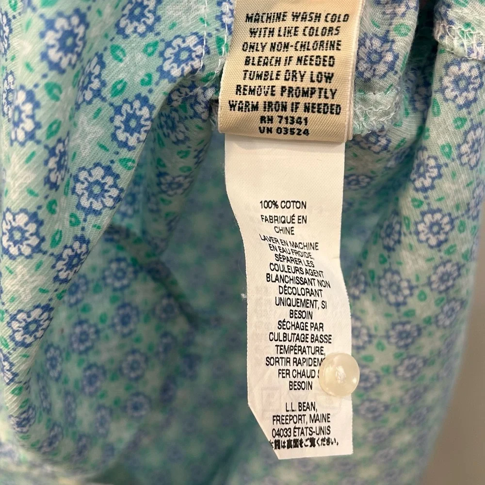 L.L. Bean Cotton Floral Button Down Short Sleeve Shirt White Blue Green Size L - Picture 5 of 8